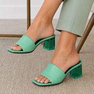 NIB - French Connection Angela Green Croc Lucite Block Heel Sandal Slides-Sz 7